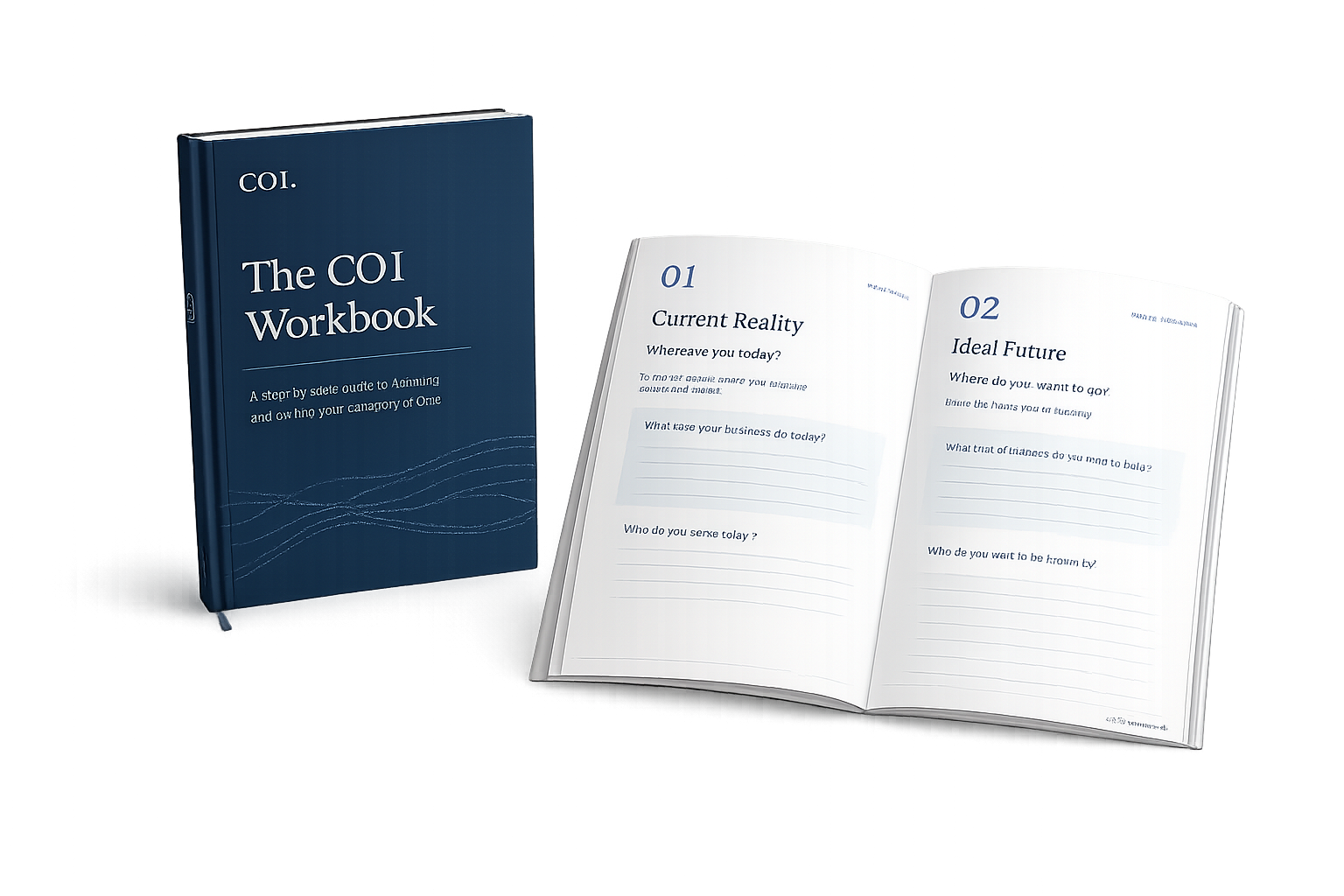 CO1 Workbook mockup — closed cover and open pages showing Current Reality and Ideal Future exercises