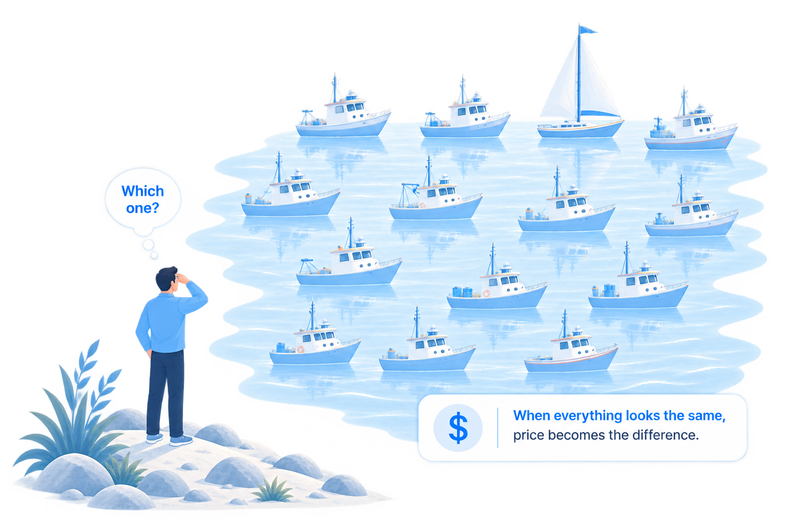 A man on the shore looking at a sea of nearly identical boats, asking which one to choose — when everything looks the same, price becomes the difference.